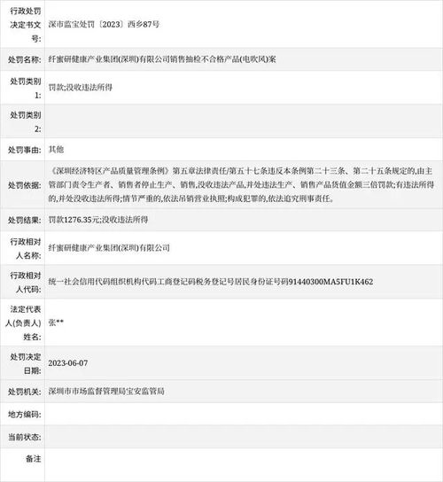 纤蜜研健康产业集团 深圳 销售抽检不合格产品 电吹风 案
